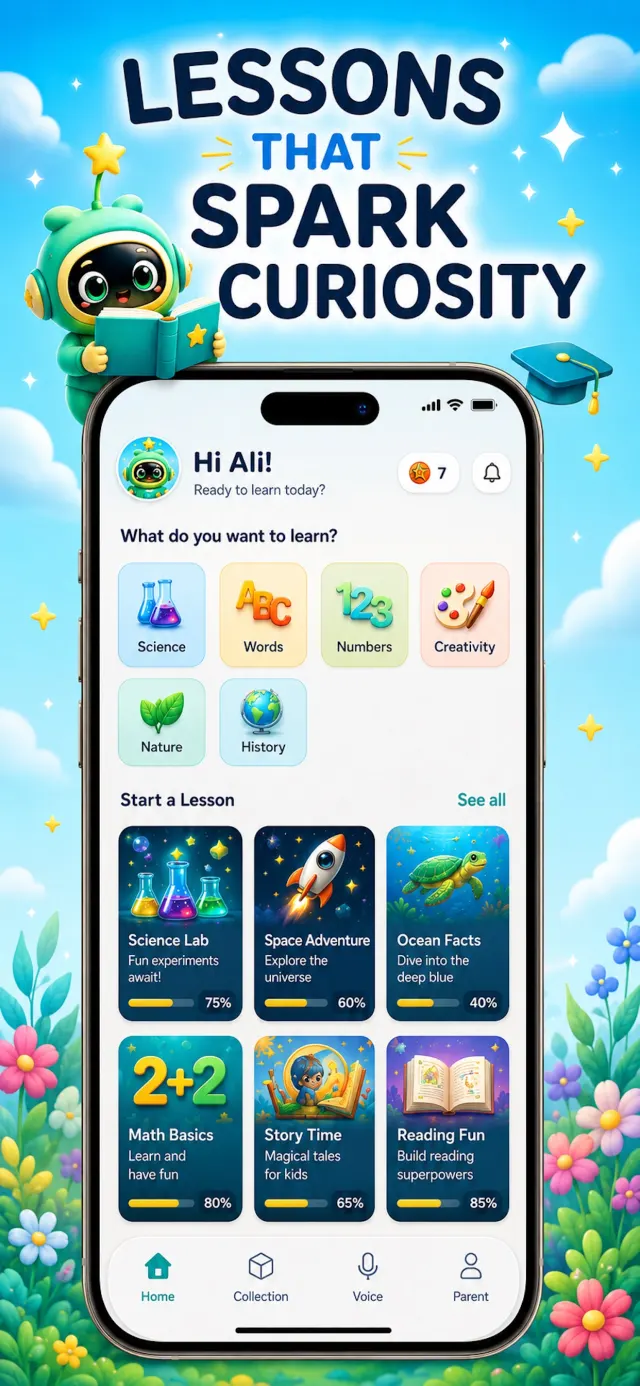 LeoLearn lessons screen that sparks curiosity with science, words, numbers, space and reading activities